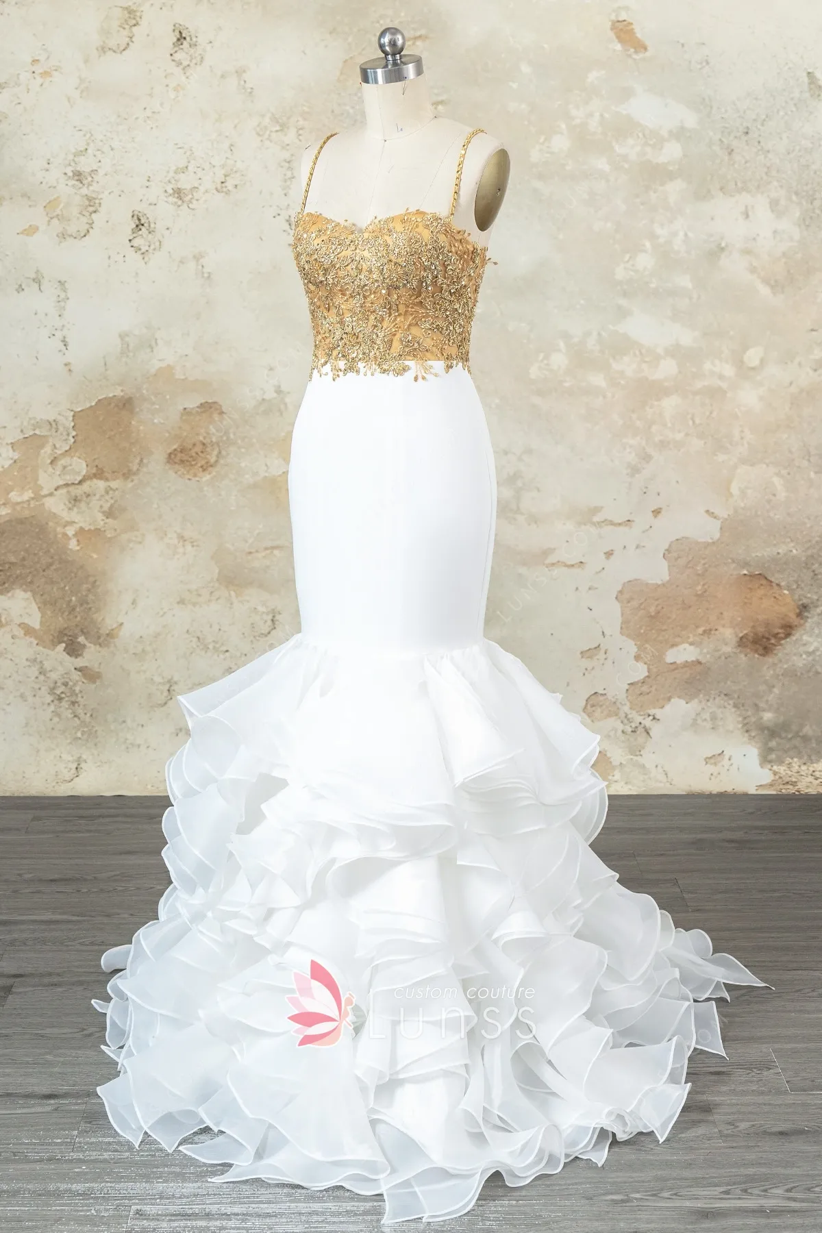 gold beaded lace mermaid ruffled organza prom dress gold beaded lace mermaid ruffled organza prom dress