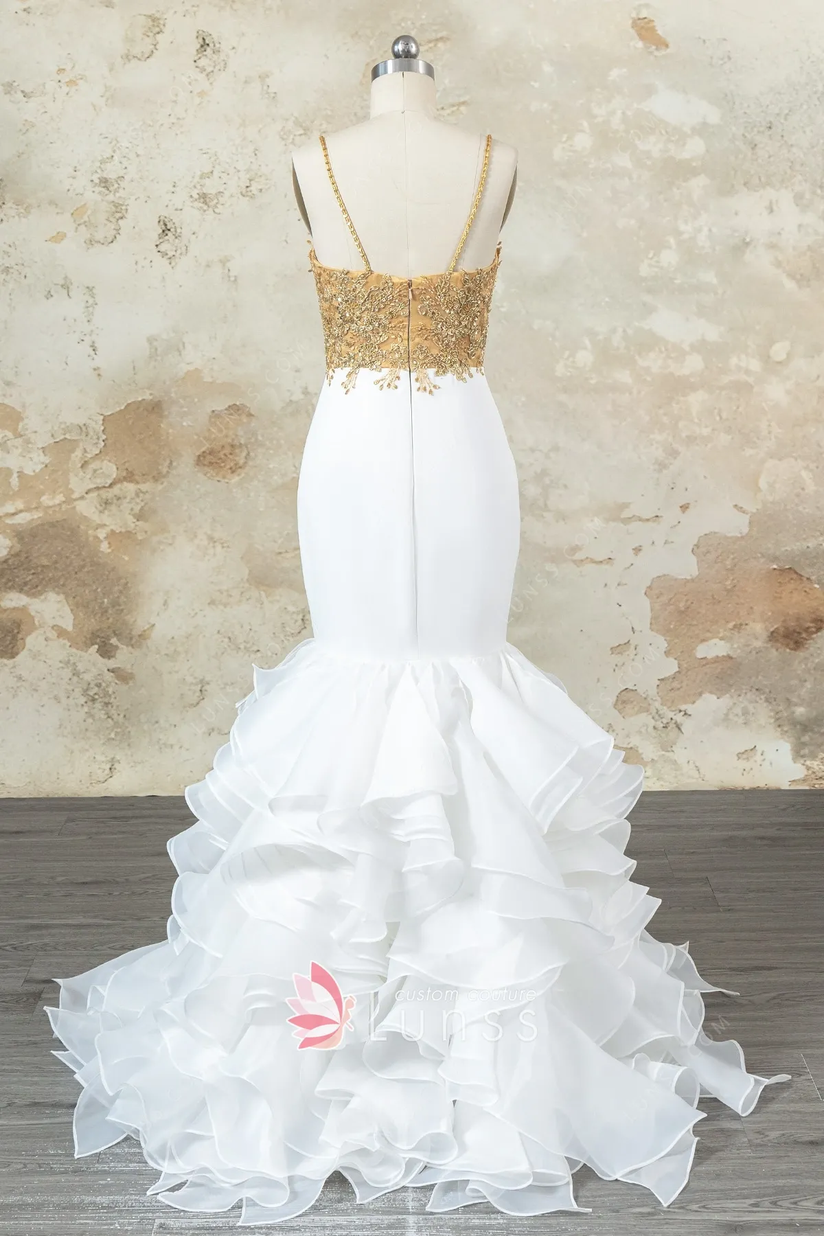 hite and gold mermaid ruffled evening dress hite and gold mermaid ruffled evening dress