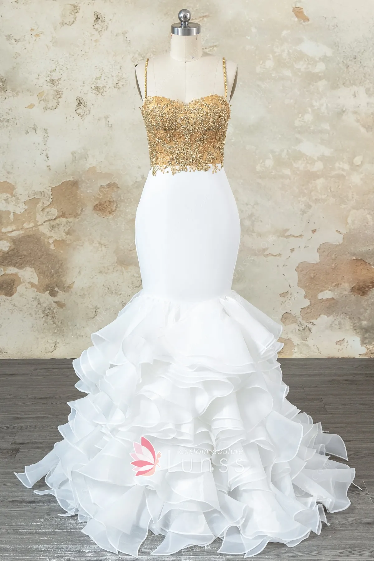 modern white and gold mermaid ruffled organza prom dress modern white and gold mermaid ruffled organza prom dress