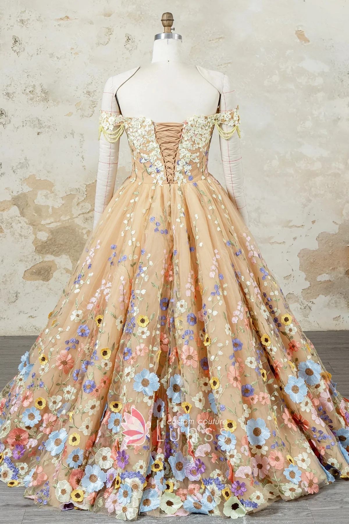 fairytale 3d flower lace pearled sleeves formal gown fairytale 3d flower lace pearled sleeves formal gown