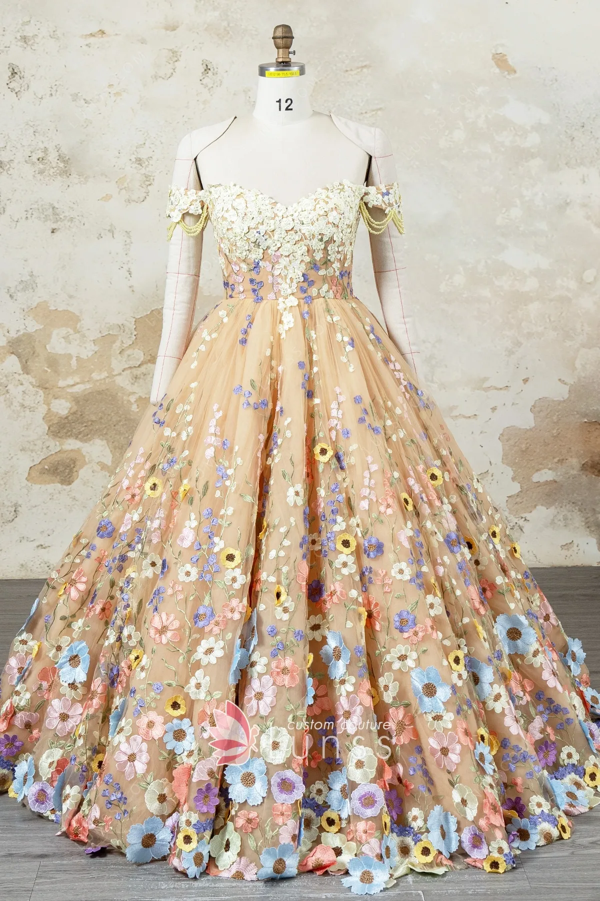 multi color 3d flower lace pearled straps prom ball gown multi color 3d flower lace pearled straps prom ball gown