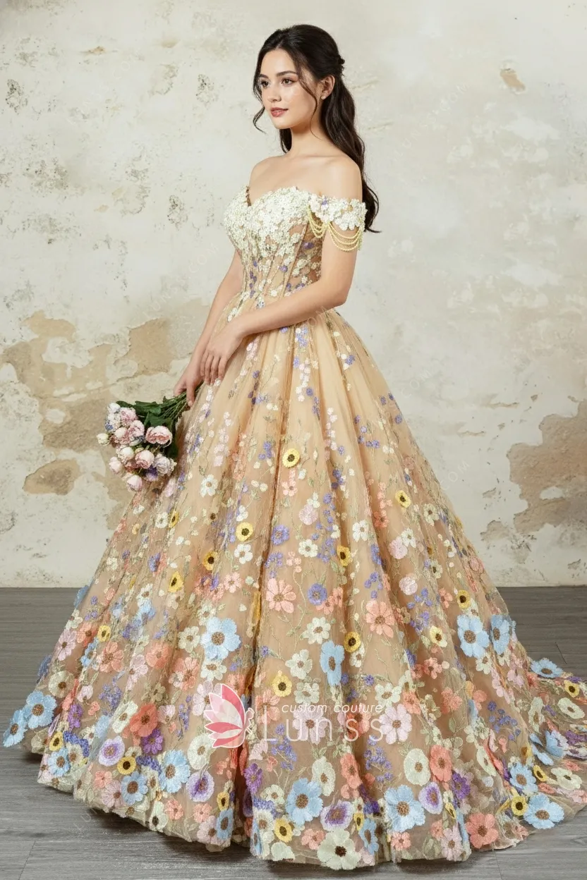 multi color 3d flower prom ball gown multi color 3d flower prom ball gown