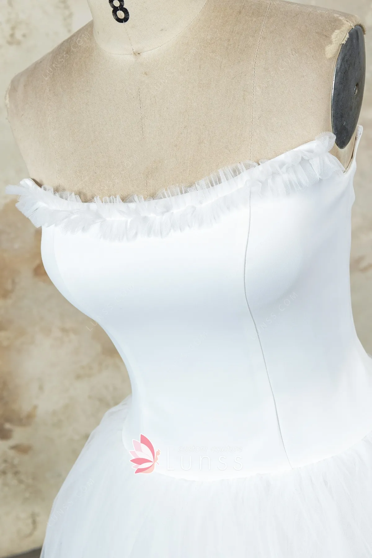 ruffled neckline fitted satin bodice ruffled neckline fitted satin bodice