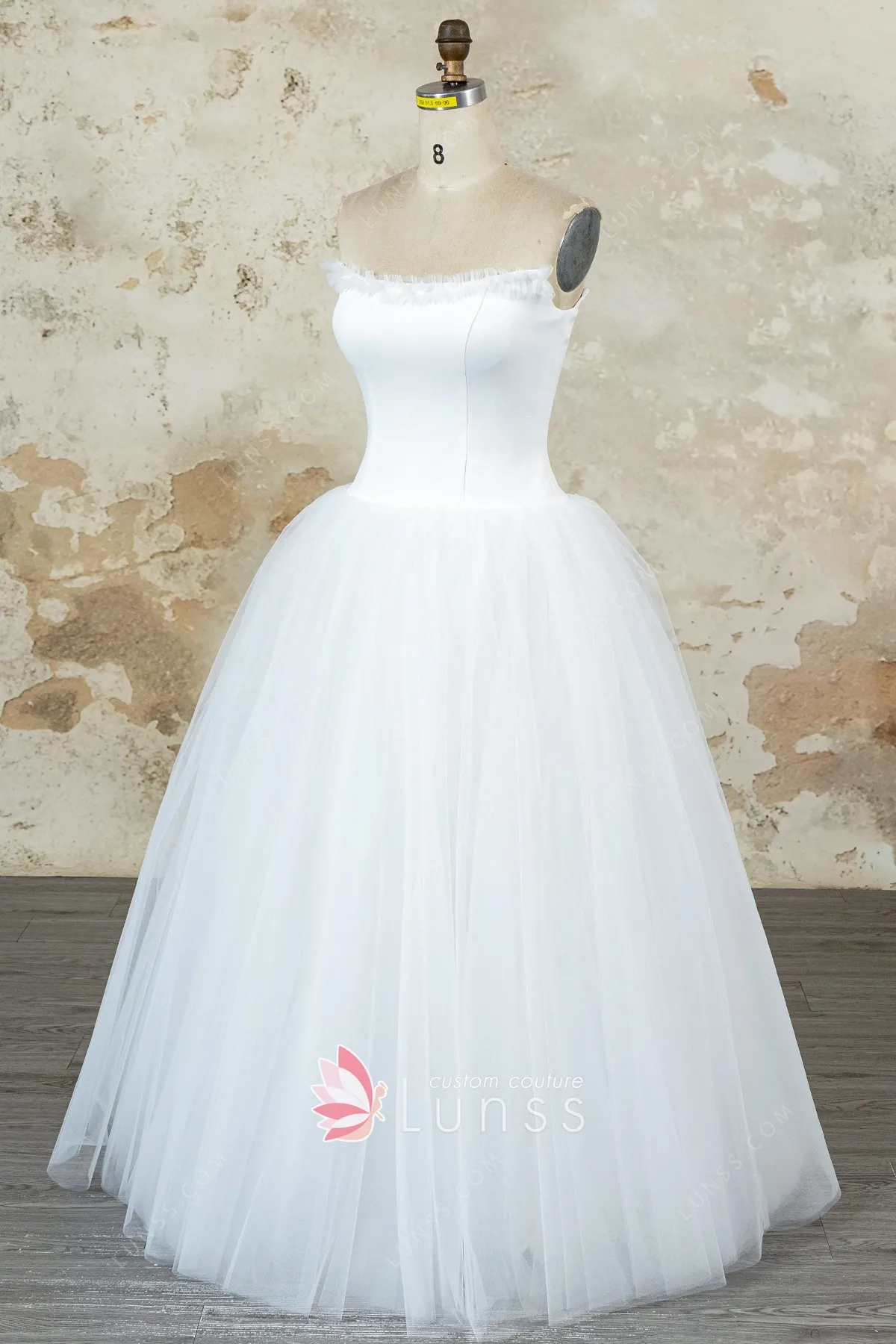 ruffled trim drop waist satin tulle wedding ball gown ruffled trim drop waist satin tulle wedding ball gown