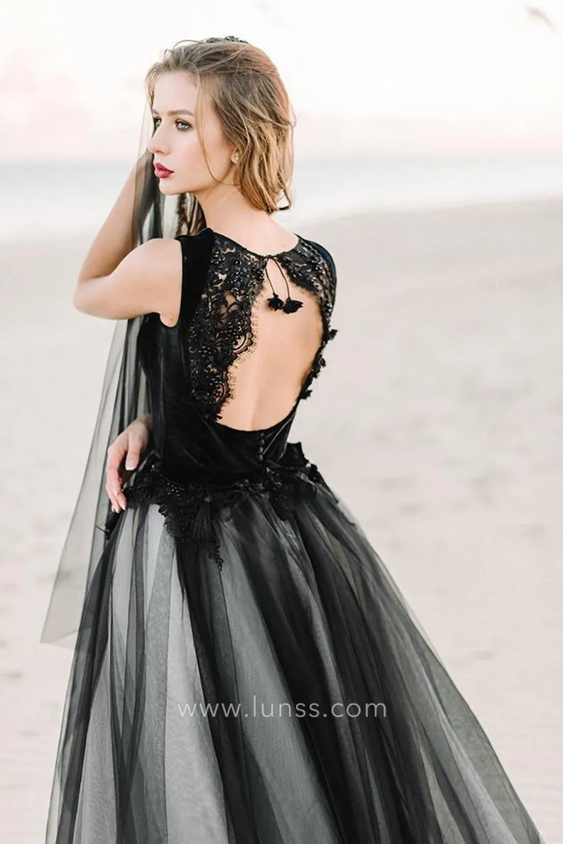 beaded lace open back black tulle wedding dress beaded lace open back black tulle wedding dress