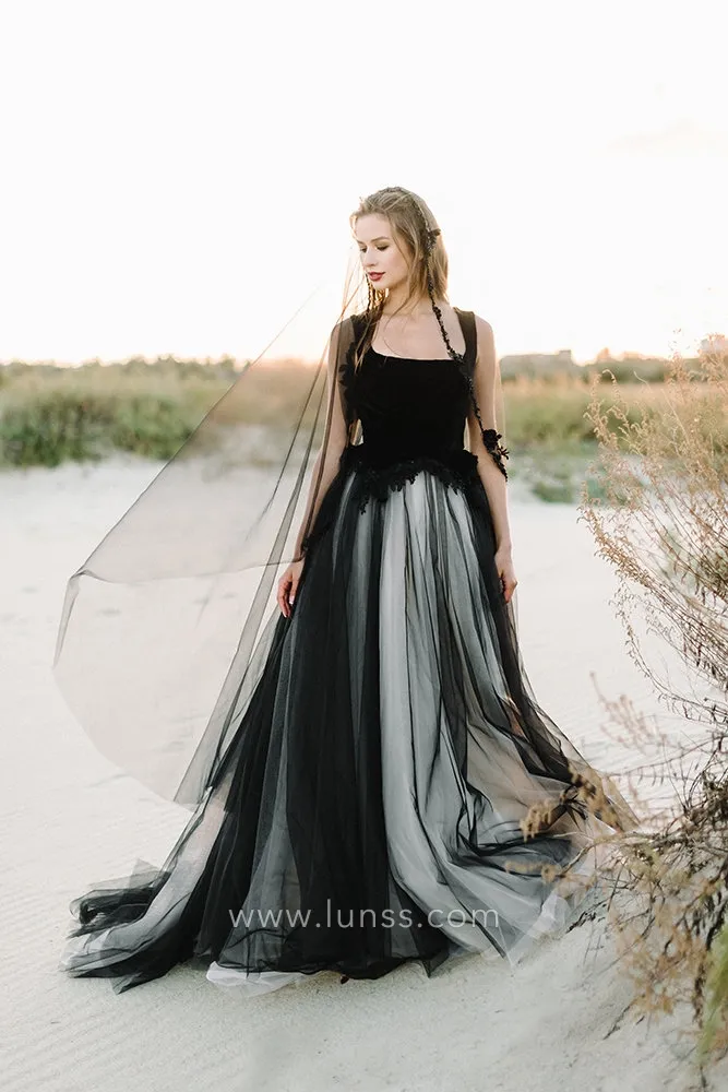 black tulle overlay with white inner two tone wedding dress black tulle overlay with white inner two tone wedding dress