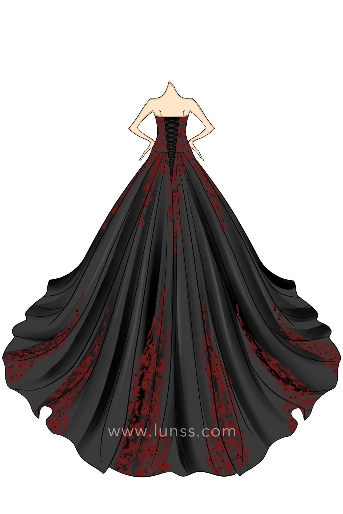 sketch of red lace appliqued black gown sketch of red lace appliqued black gown