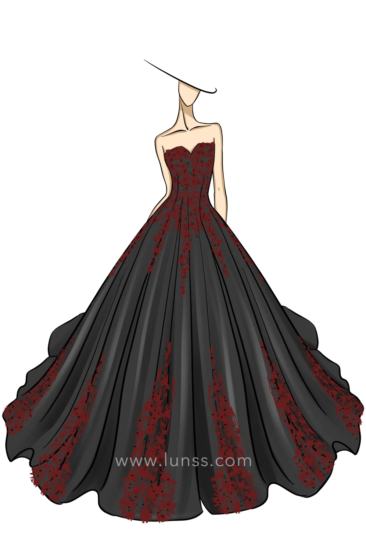sketch of stunning red lace appliqued black ball gown sketch of stunning red lace appliqued black ball gown