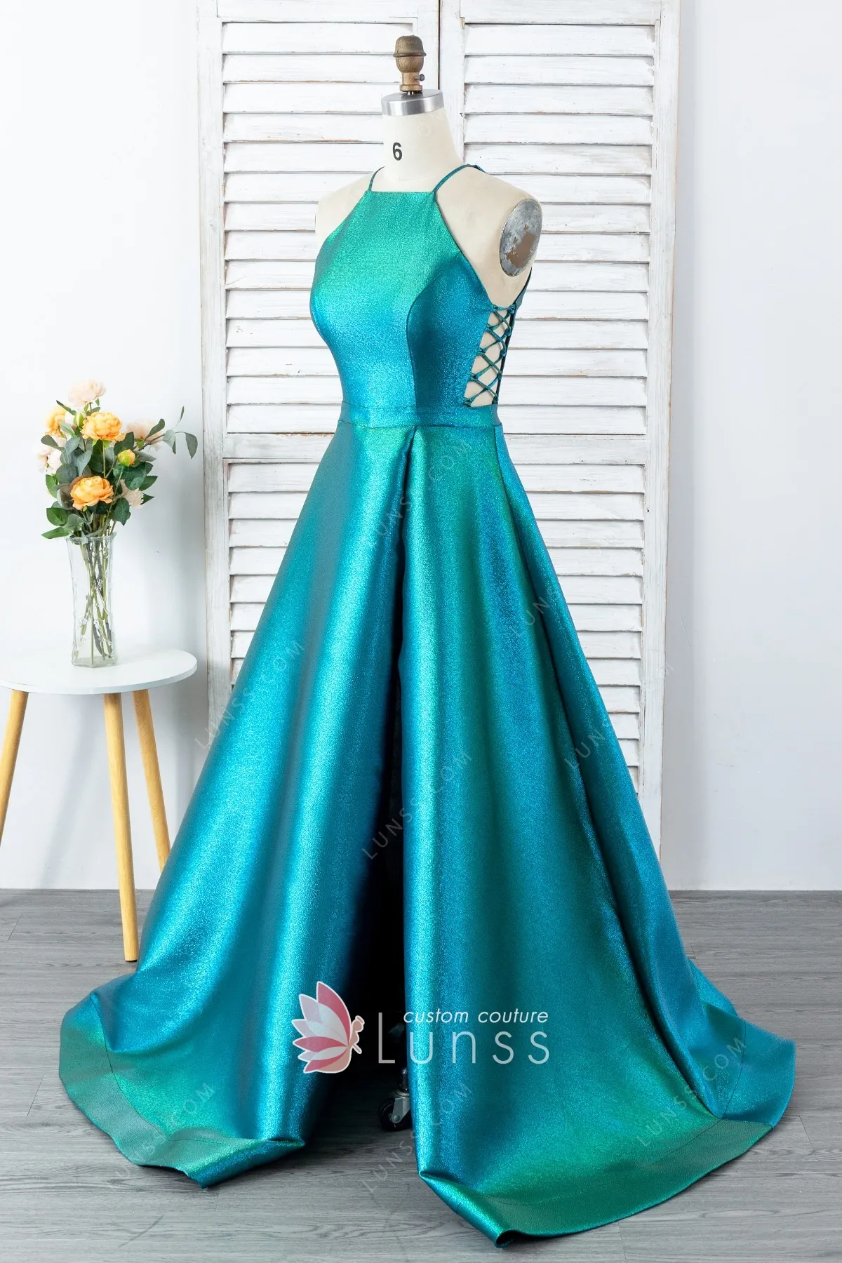 iridescent green aqua lurex a line slit graduation dress iridescent green aqua lurex a line slit graduation dress