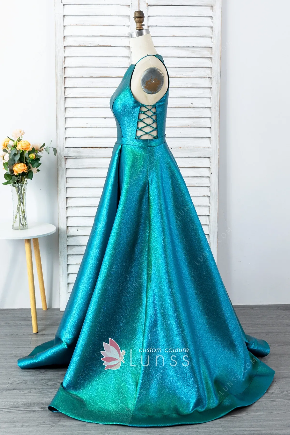 iridescent green aqua side tie up graduation dress iridescent green aqua side tie up graduation dress