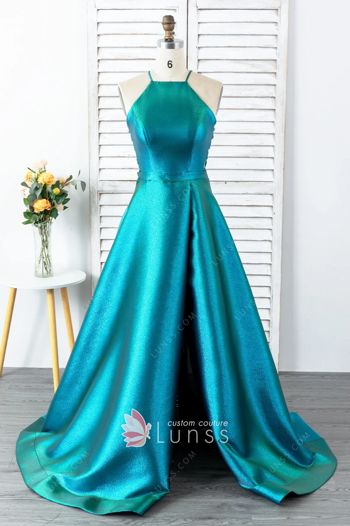 iridescent shimmering green aqua a line slit prom dress iridescent shimmering green aqua a line slit prom dress