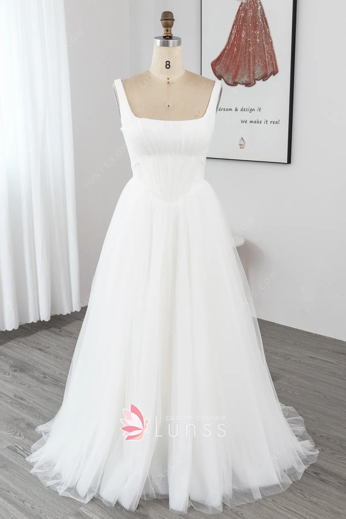 square neck ivory pleated tulle spring bridal dress square neck ivory pleated tulle spring bridal dress